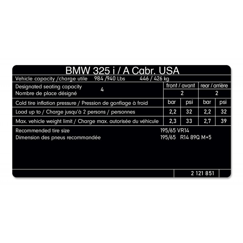 BMW Tire Pressure Sticker 325i E30 Cabrio USA - 2121851